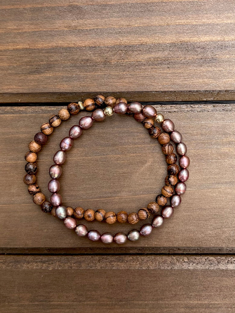 Muted Pearl & Wood Bracelet Set 14k Gold Fill Accents