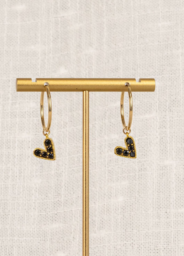 Black Pave Heart Gold Hoops